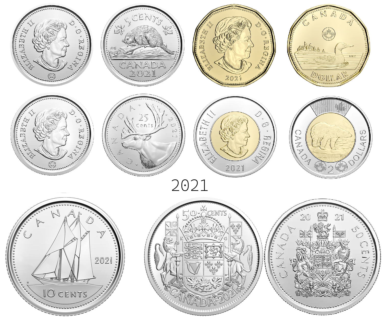 2021 Ensemble 7 pièces: Première frappe + 2 x 50¢ d'un roul. spécial (Armoiries) - BU HAUTE QUALITÉ
