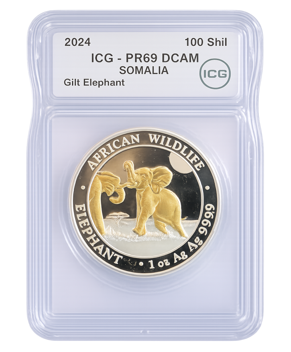 2024 Somalie 100 Shillings - CERTIFIÉ ICG PR-69 DCAM - African Wildlife Elephant - 1 oz Argent pur .9999 Avec plaquage Or