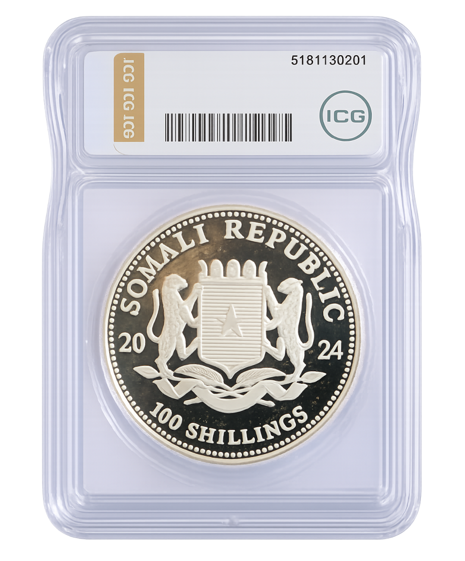 2024 Somalie 100 Shillings - CERTIFIÉ ICG PR-69 DCAM - African Wildlife Elephant - 1 oz Argent pur .9999 Avec plaquage Or