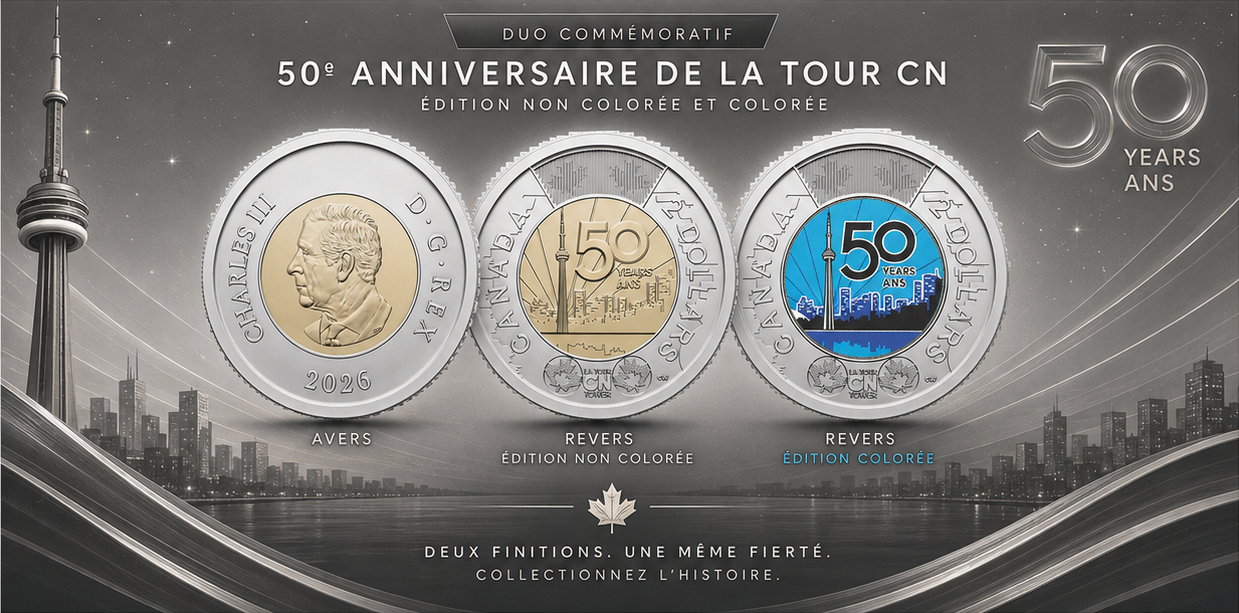 2026 Toonie 2$ (Ensemble) 50e Tour du CN coloré et non coloré - BU (All Mint State)