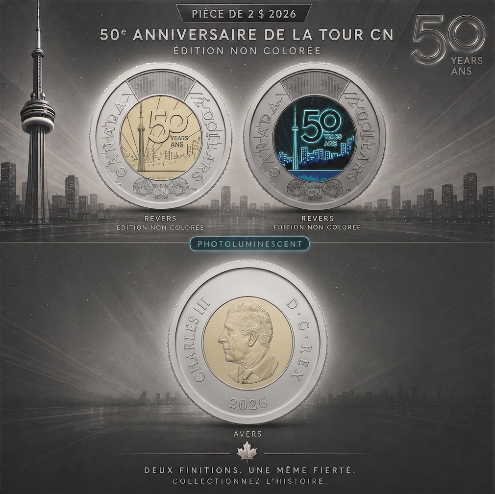 2026 Toonie 2$ (Ensemble) 50e Tour du CN coloré et non coloré - BU (All Mint State)