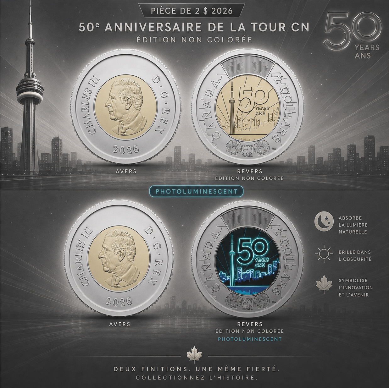 2026 Toonie 2$ (Ensemble) 50e Tour du CN coloré et non coloré - BU (All Mint State)