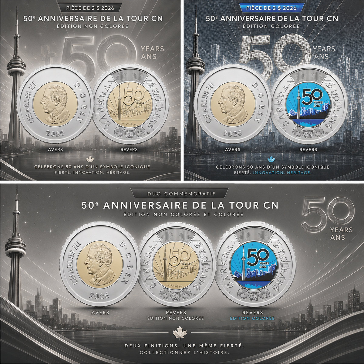 2026 Toonie 2$ (2 pièces) 50e Tour du CN coloré et non coloré - BU (All Mint State)