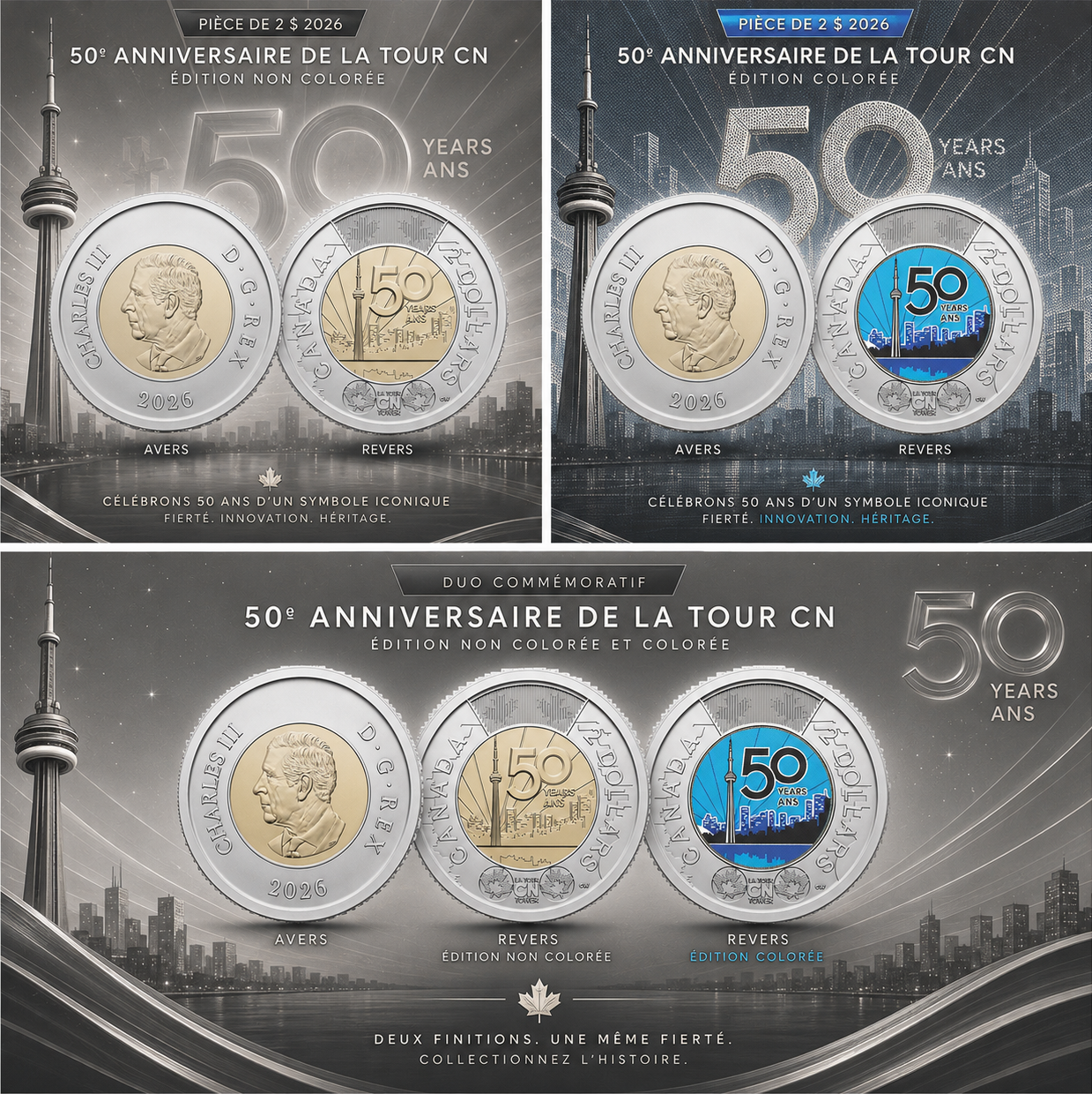 2026 Toonie 2$ (Ensemble) 50e Tour du CN coloré et non coloré - BU (All Mint State)